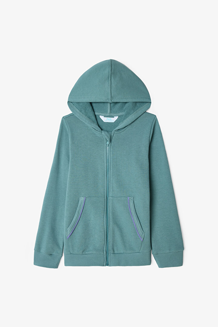 Koyu Yeşil Kız Çocuk Biye Detaylı Kapüşonlu Oversize Sweatshirt - 1