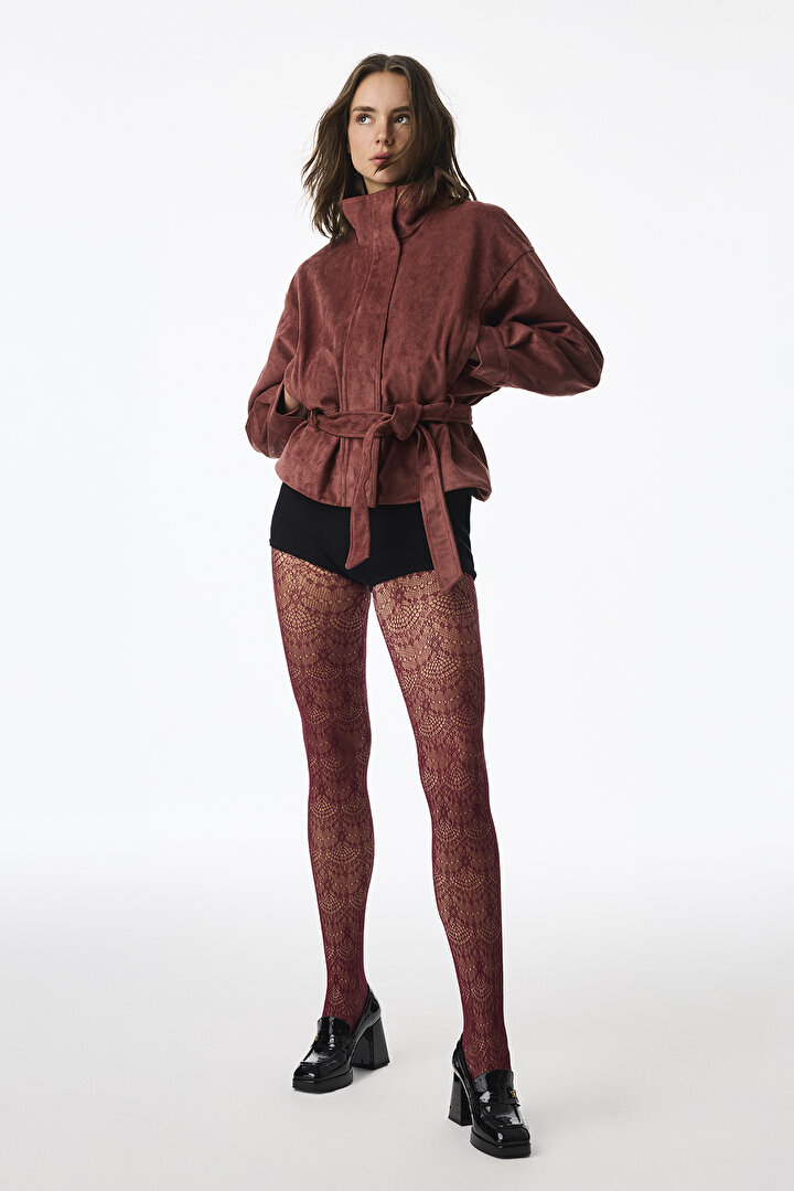 Burgundy Soft Geometric Print Mesh Tights - 2