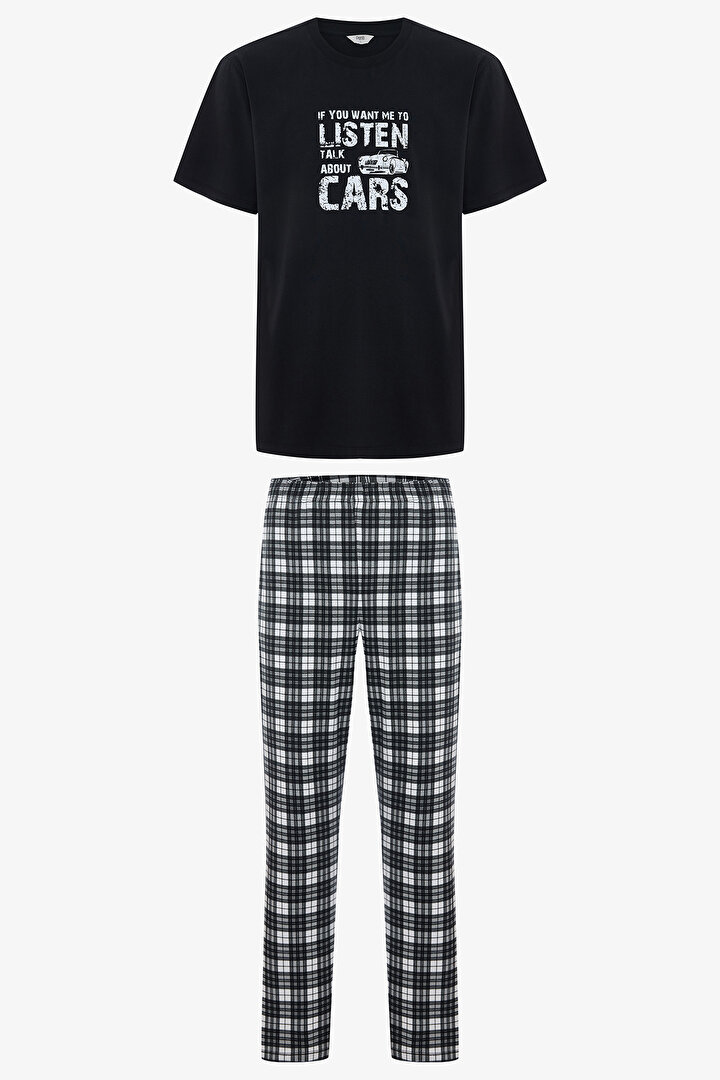 Erkek Listen Slogan Baskılı Pamuklu Kısa Kol Pijama Takımı - 1