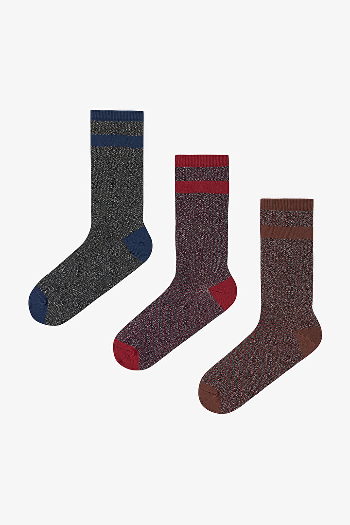 Bordo Lacivert Sparkle Stripes 3lü Soket Çorap - 1