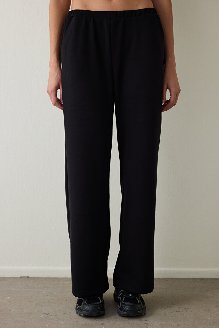 Black Silky Feel Medium Waist Jogger Sweatpants - 1