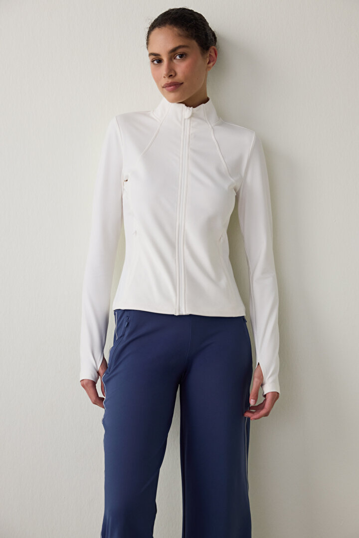 White Thermal Effect Zippered Stand Collar Jacket - 1