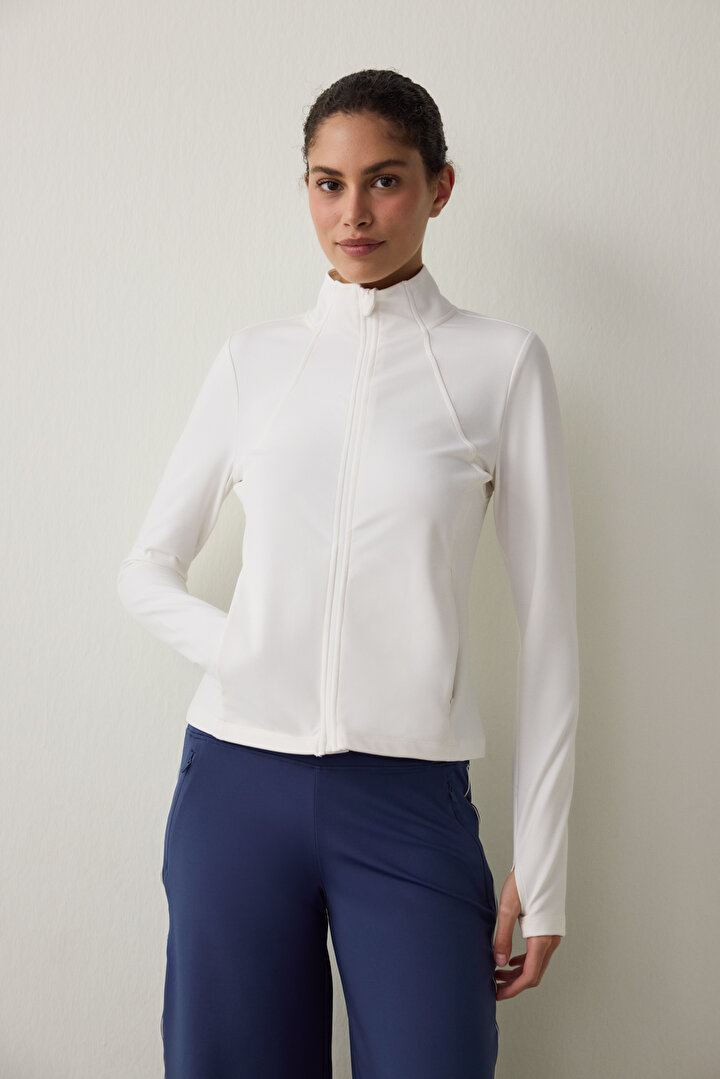 White Thermal Effect Zippered Stand Collar Jacket - 2