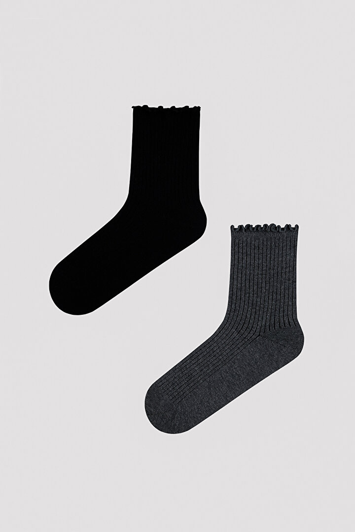 Beyaz - Sıyah -Smoke Melanj Fırfır 2li Soket Çorap - 1