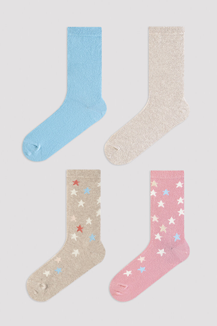 Çok Renkli 4'lü Yıldız Desenli Soket Çorap - 1