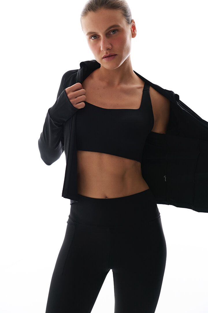 Black Back Pocket Sports Zipped Long Sleeve Jacket - 2