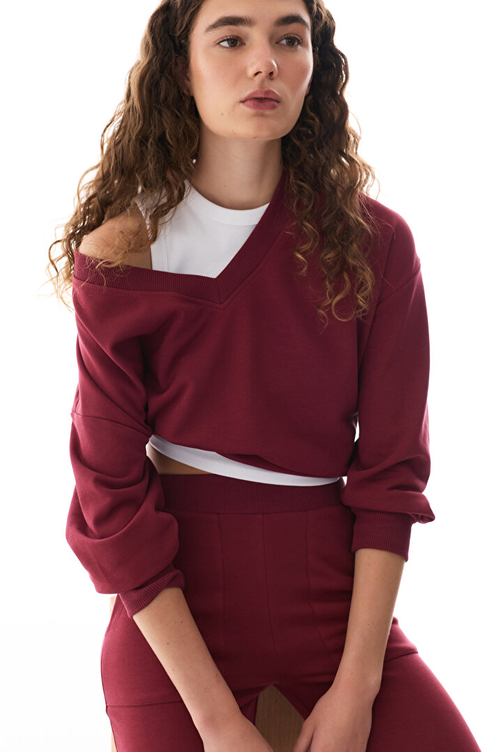 Bordo Geniş V Yaka Uzun Kollu Sweatshirt - 2