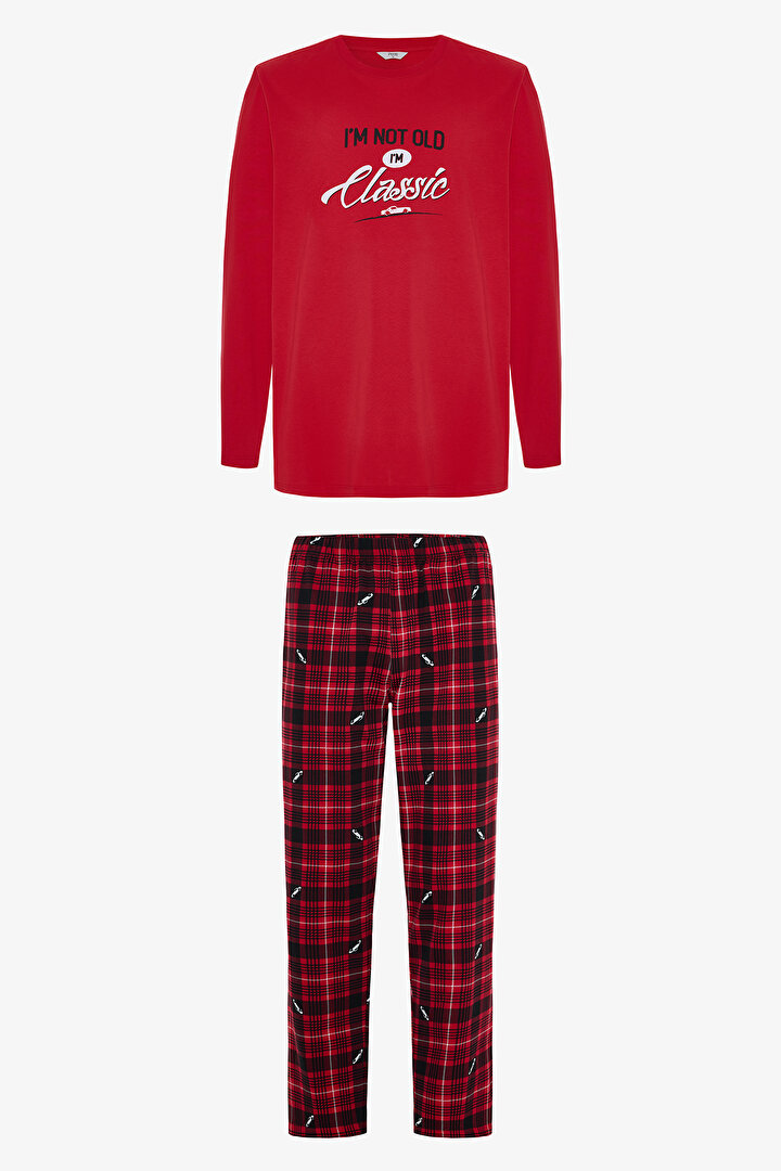 Erkek Klasik Slogan Baskılı Pamuklu Pijama Takımı - 1