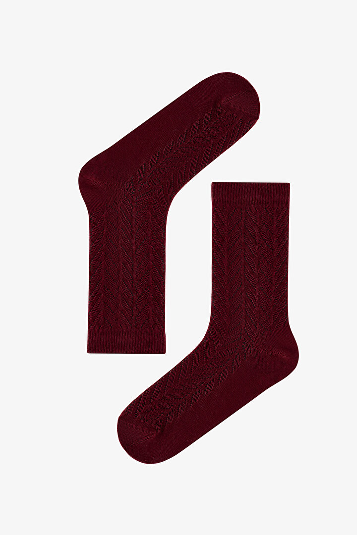 Bordo Bej Braided Colosio Ajur Desenli Pamuklu 3 Çift Soket Çorap - 2