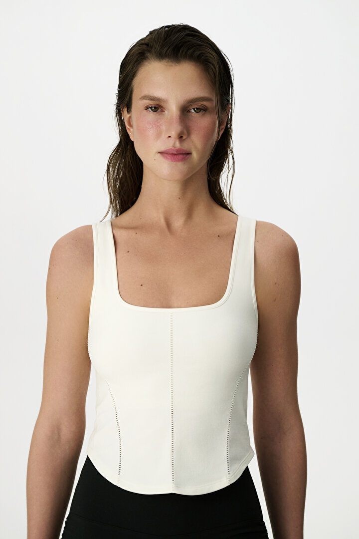 White Seamless Square Neck Corset Detail Top - 1