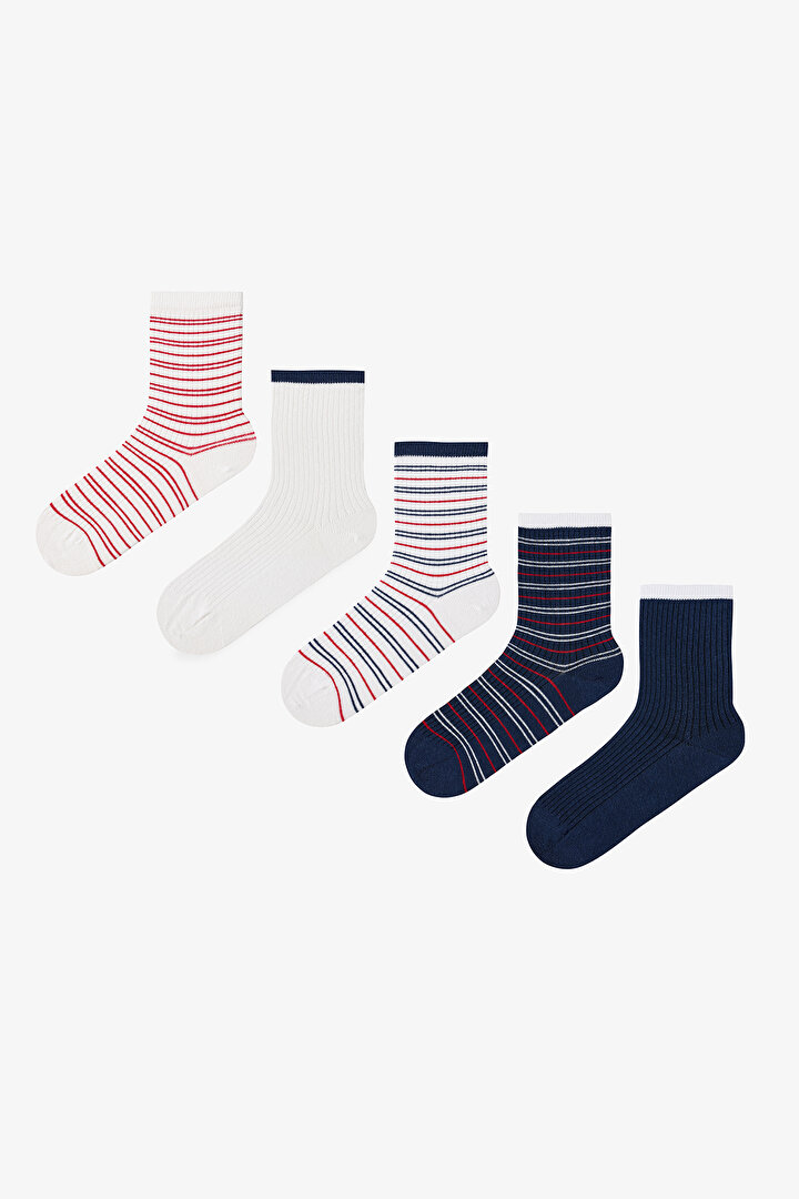 Navy - Beyaz Marine Stripe 5'li Soket Çorap - 1