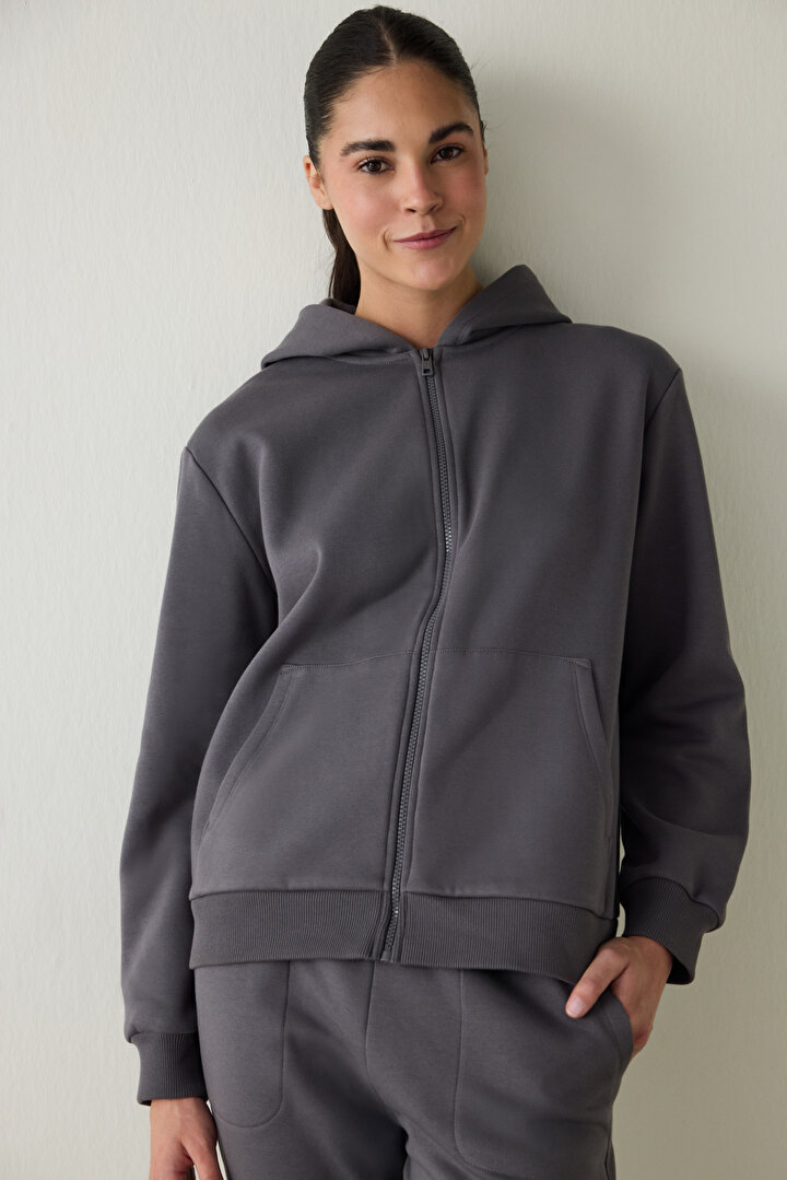 Gri Fermuarlı Kapüşonlu Spor Sweatshirt - 1