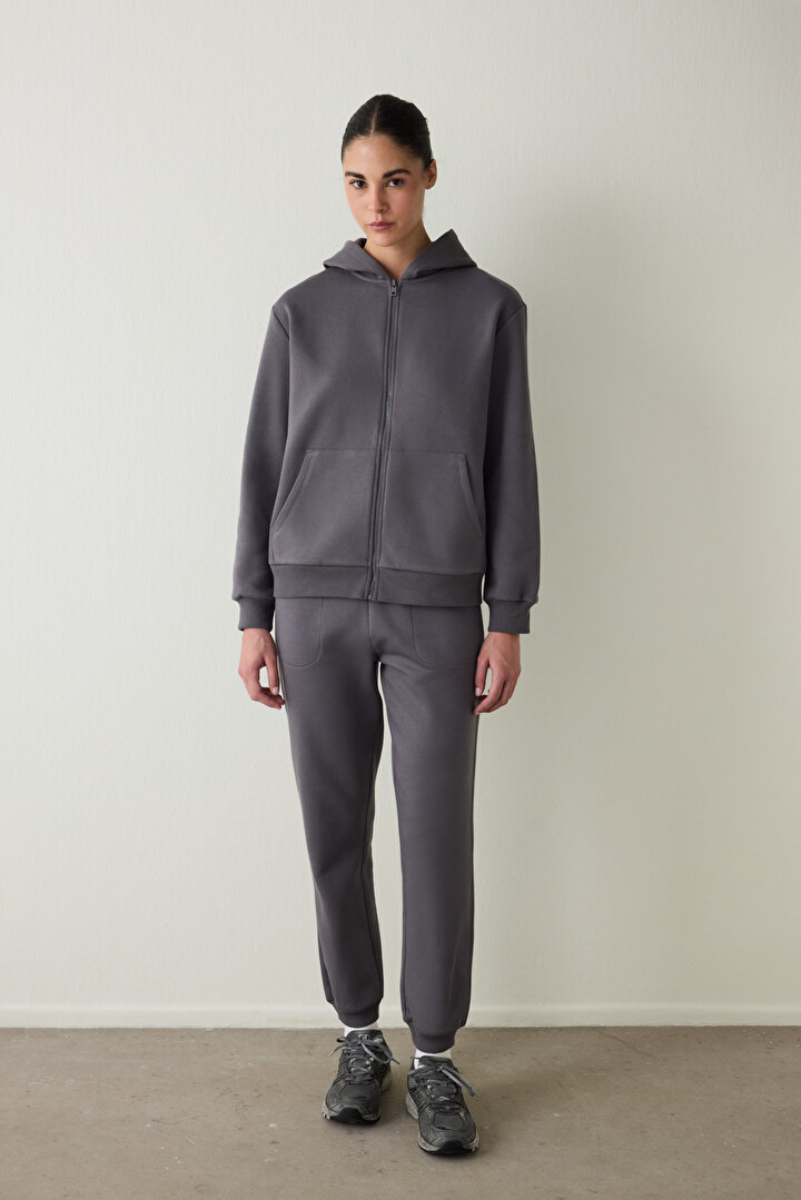 Gri Fermuarlı Kapüşonlu Spor Sweatshirt - 2