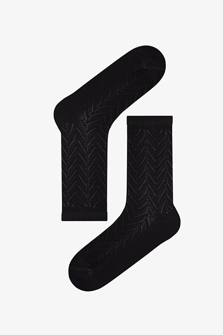 Beyaz Siyah Gri Braided Colosio Ajur Desenli Pamuklu 3 Çift Soket Çorap - 2