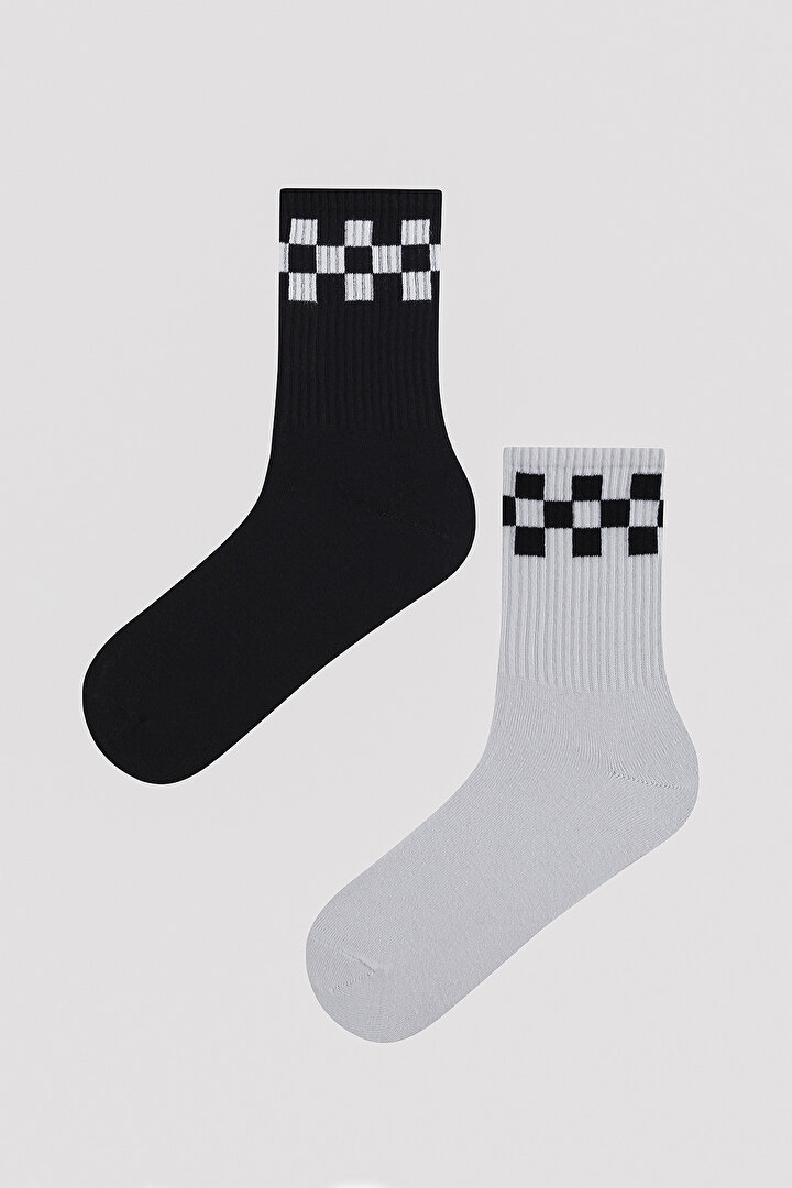 Erkek Siyah Beyaz Desenli 2li Soket Çorap - 2