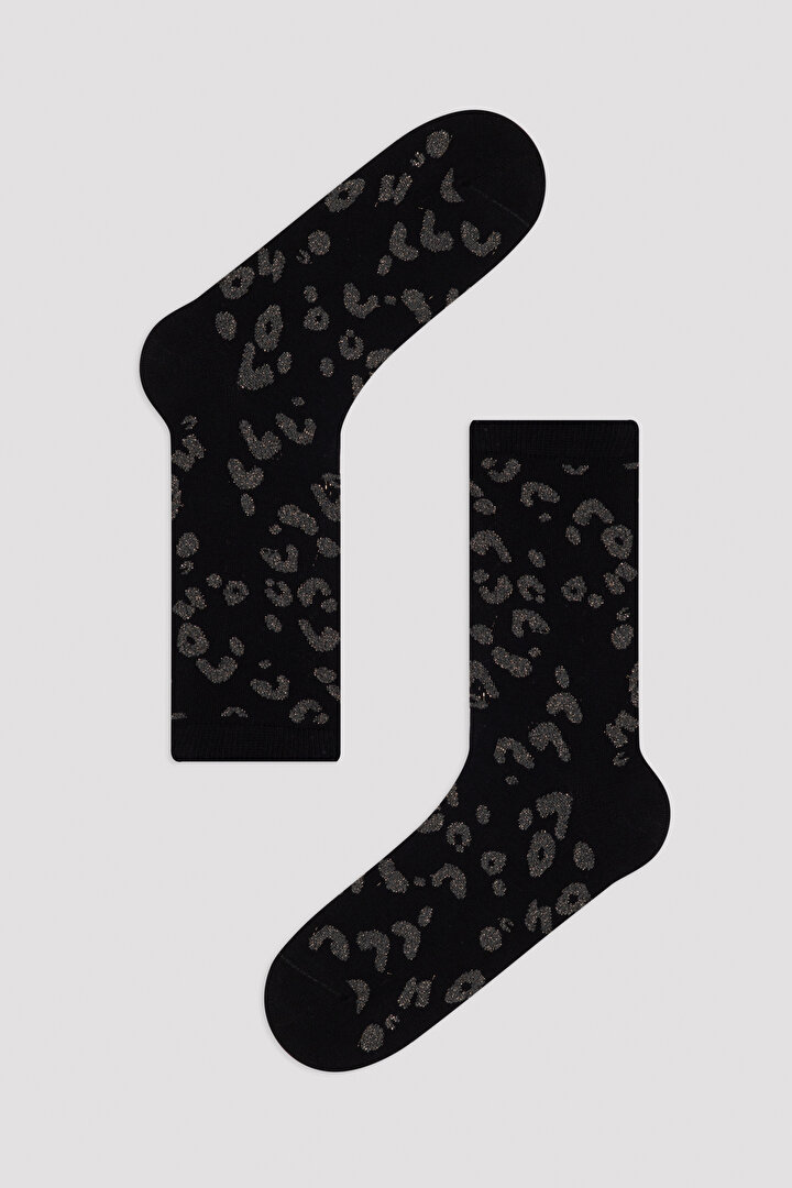 Siyah Konsept Simli Leopar Desenli Soket Çorap - 2