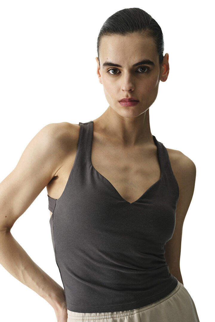 Brown Ruched Back Sweetheart Neck Cotton Modal Blend Top - 1