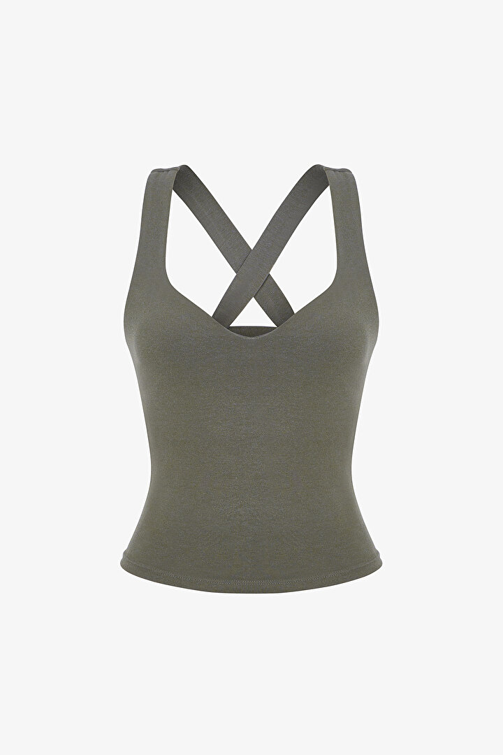 Khaki Ruched Back Sweetheart Neck Cotton Modal Blend Top - 1