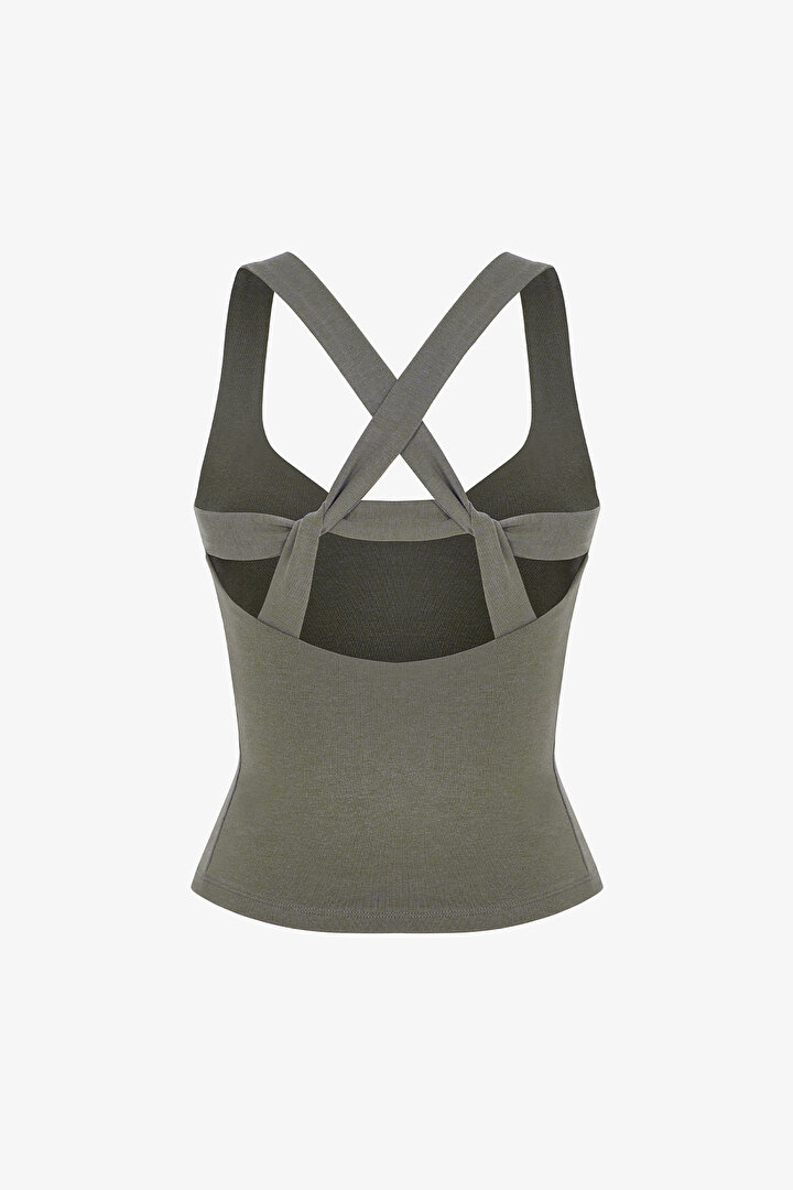 Khaki Ruched Back Sweetheart Neck Cotton Modal Blend Top - 2