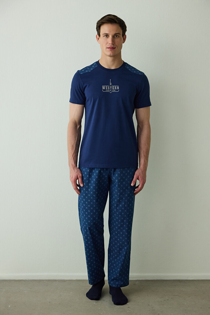 Indigo Man Western Slogan Short Sleeve Cotton Pajama Set - 1