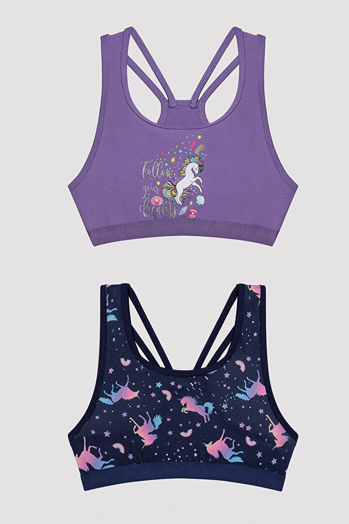 Girls Colorful Unicorn Detailed 2in1 Sports Top - 1