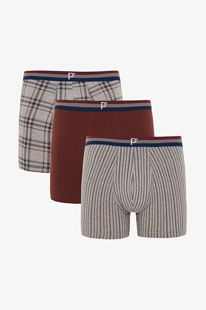 Kahverengi Erkek Ekoseli Normal Bel Organik 3'lü Boxer - 1