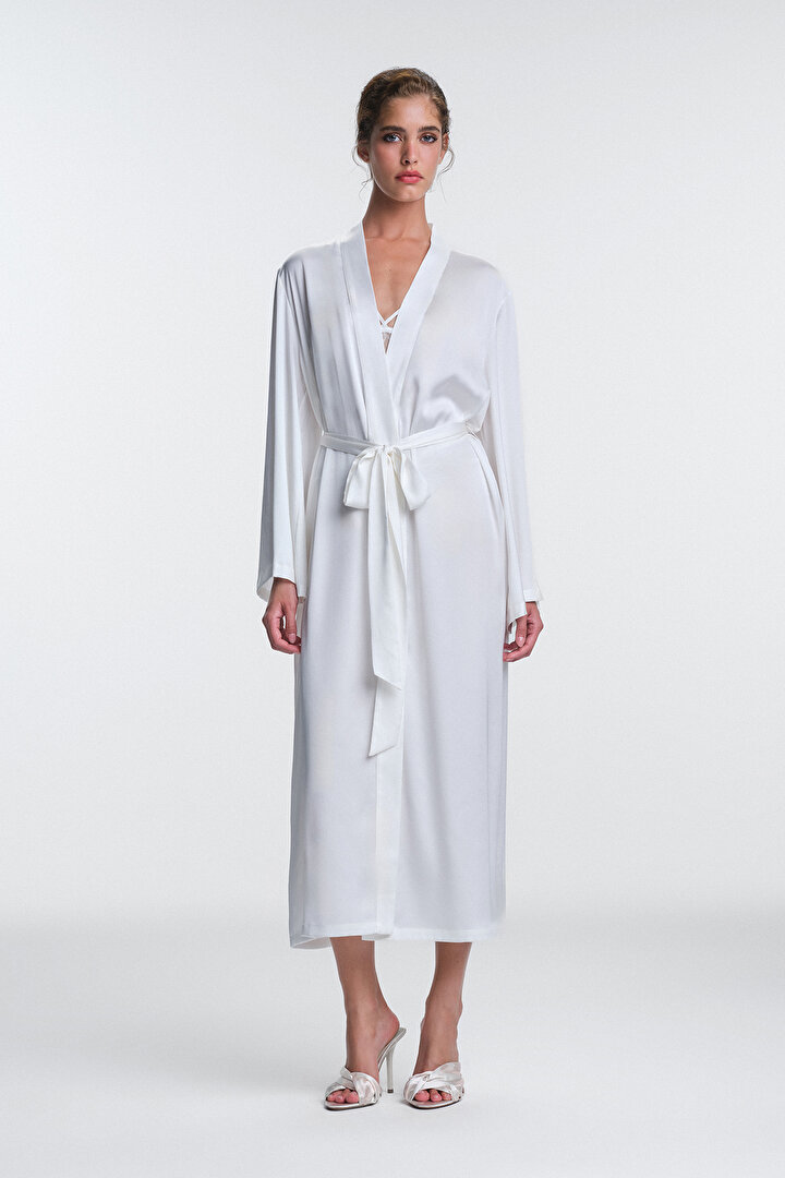 Off White Scarlett Lace Long Sleeve Dressing Gown - 1