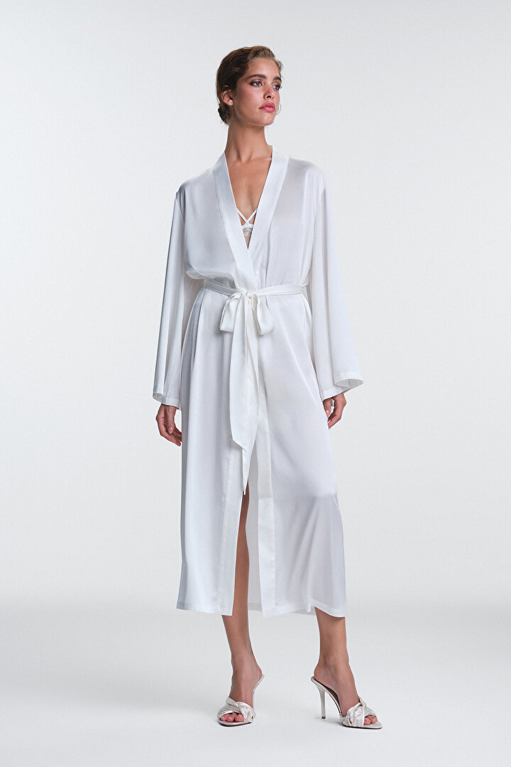 Off White Scarlett Lace Long Sleeve Dressing Gown - 2