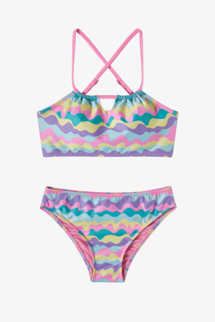 Multicolor Teen Girls Colorful Wave Halter Bikini Set - 1