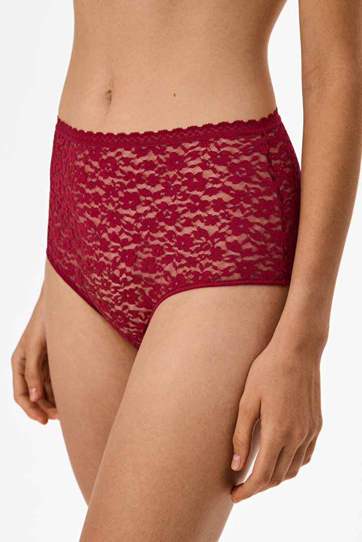 Bordo Easy Dantel Çiçekli Yüksek Bel Slip Külot - 1