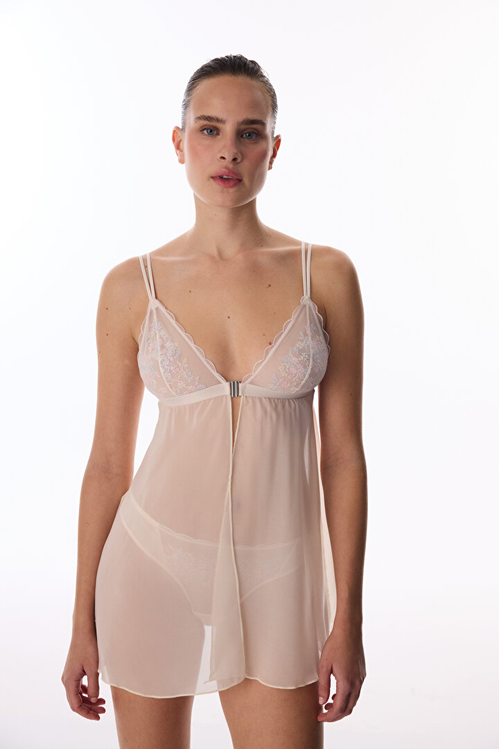 Bej Front Opening Broderie Babydoll - 1