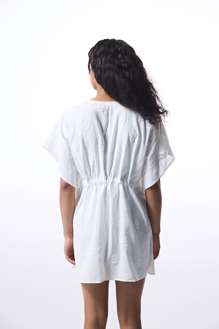 Kırık Beyaz Tilda Bağlama Detaylı V Yaka Mini Kaftan - 2