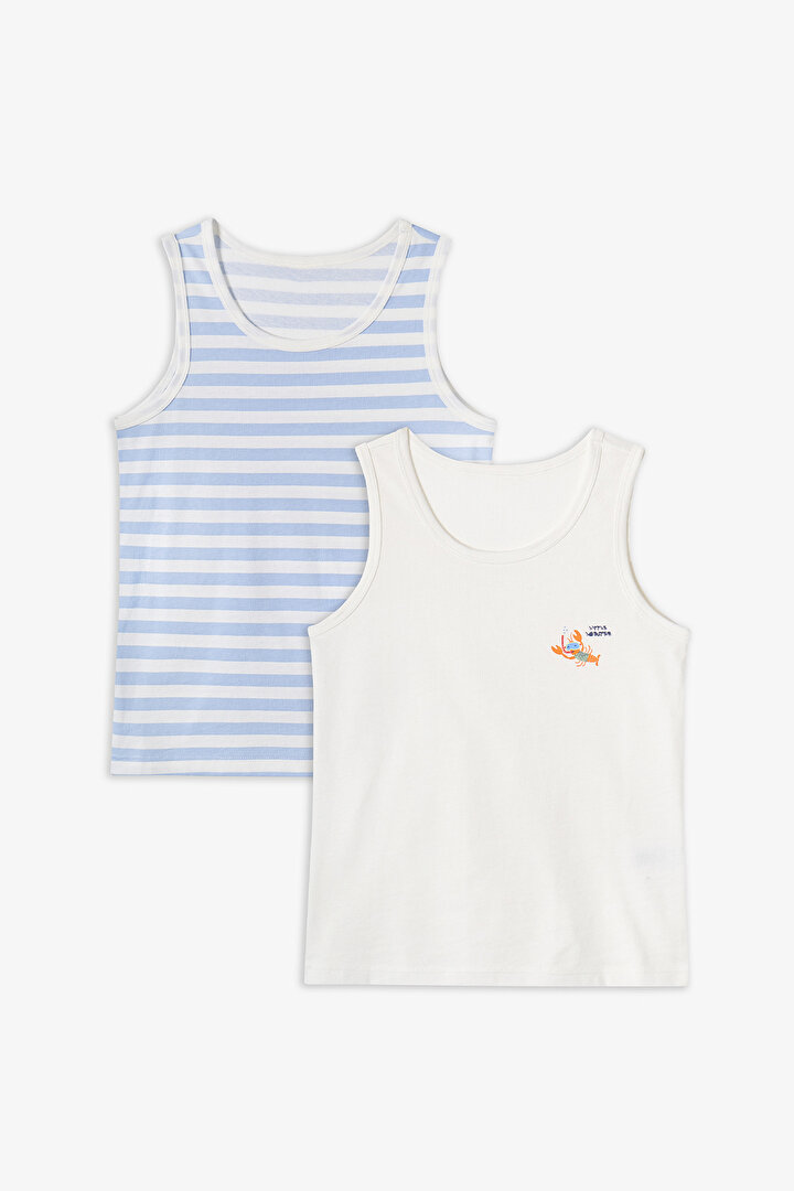 Kırık Beyaz Erkek Çocuk Çizgili Crab Pamuklu 2'li Atlet - 1