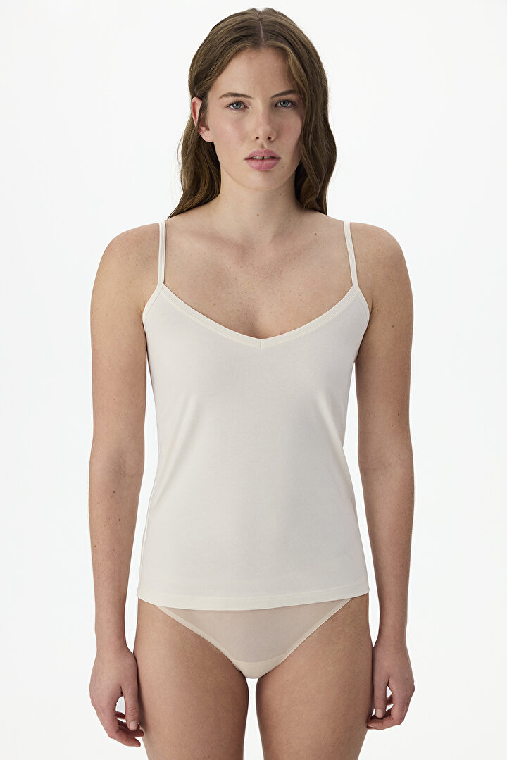 Ekru V Neck Pamuklu Cami Atlet - 1