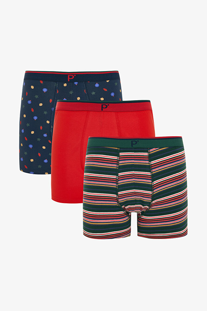 Erkek Yeni Yıl Desenli Orta Bel 3'lü Boxer - 1