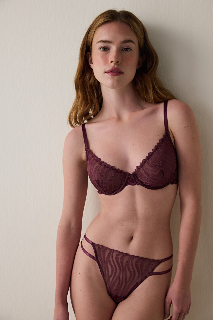 Burgundy Broderie Zebra Patterned Underwire Non-Padded Bra - 2