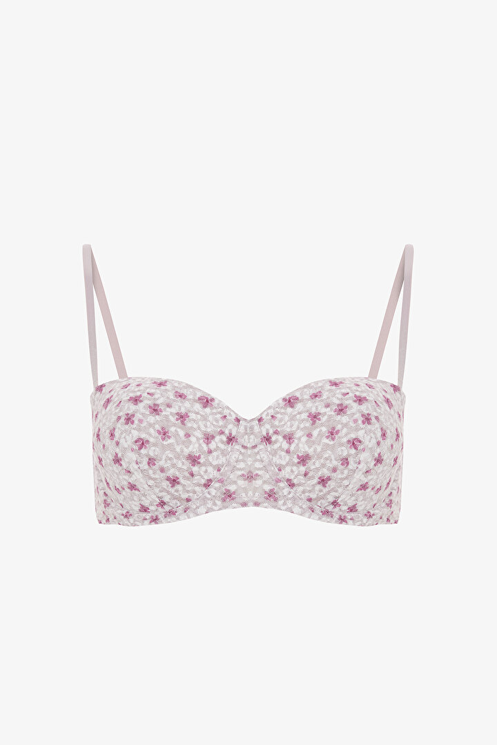 Bej Bloom Çiçek Desenli Dantelli Balenli Push Up Sütyen - 1