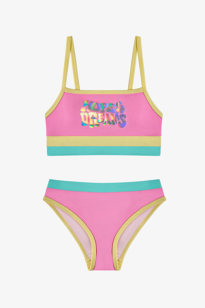 Kız Çocuk Açık Pembe Beauty Halter Hologram Desenli Bikini Takımı - 1