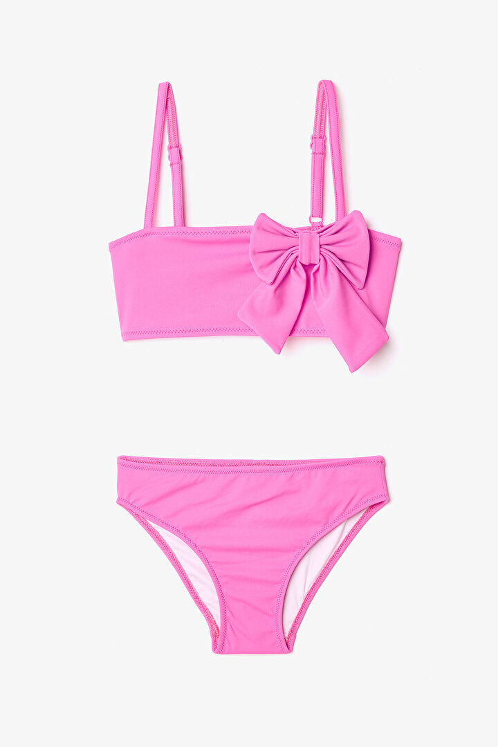 Pembe Kız Çocuk Fiyonklu Bandeau Bikini Takımı - 1