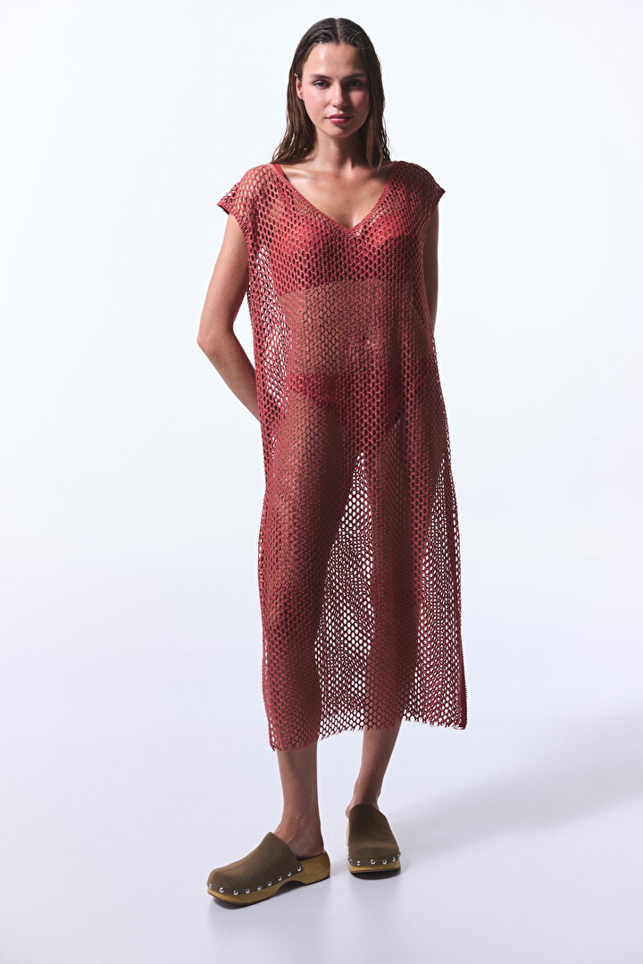 Açık Kahverengi Lora Fishnet Elbise - 1