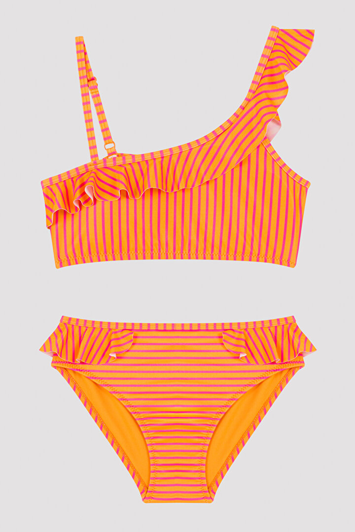 Multi Colored Girls Stripe Frill One Shoulder Bikini Set - 1