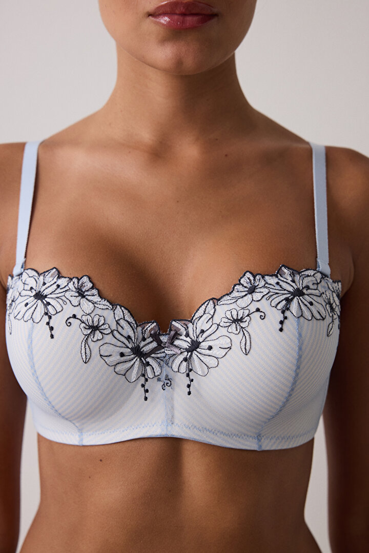 Çizgili Lotus İşlemeli Balenli Toparlayıcı Straplez Sütyen - 2