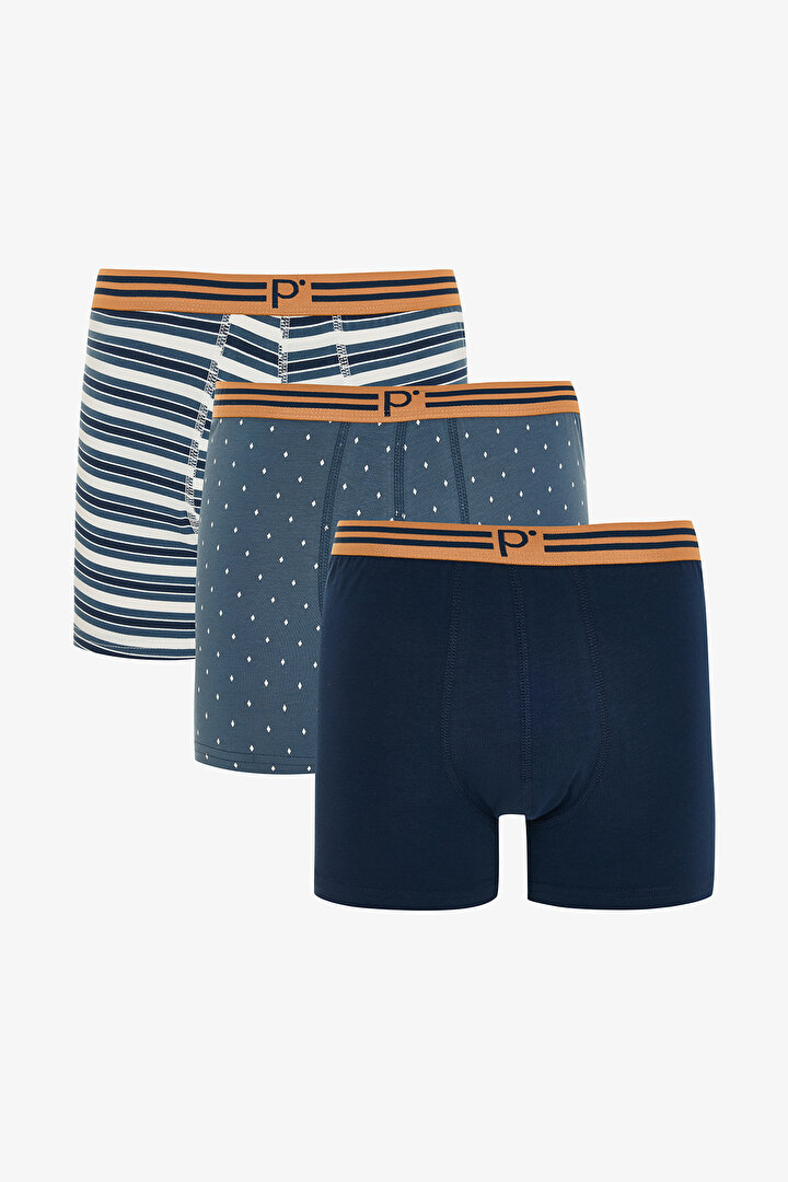 Man Geometric Patterned P Logo Mid Waist 3-Pack Knitted Boxer - 1