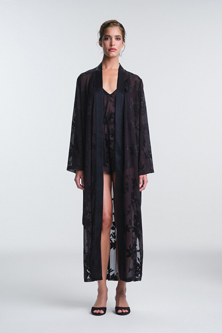 Black Amara Floral Patterned Long Sleeve Dressing Gown - 1