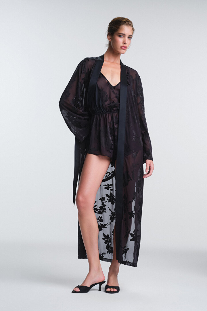 Black Amara Floral Patterned Long Sleeve Dressing Gown - 2