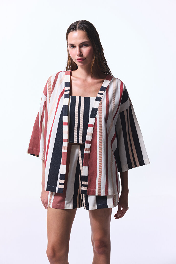 Shay Striped Etnik Desen V Yaka Oversize Kimono - 1