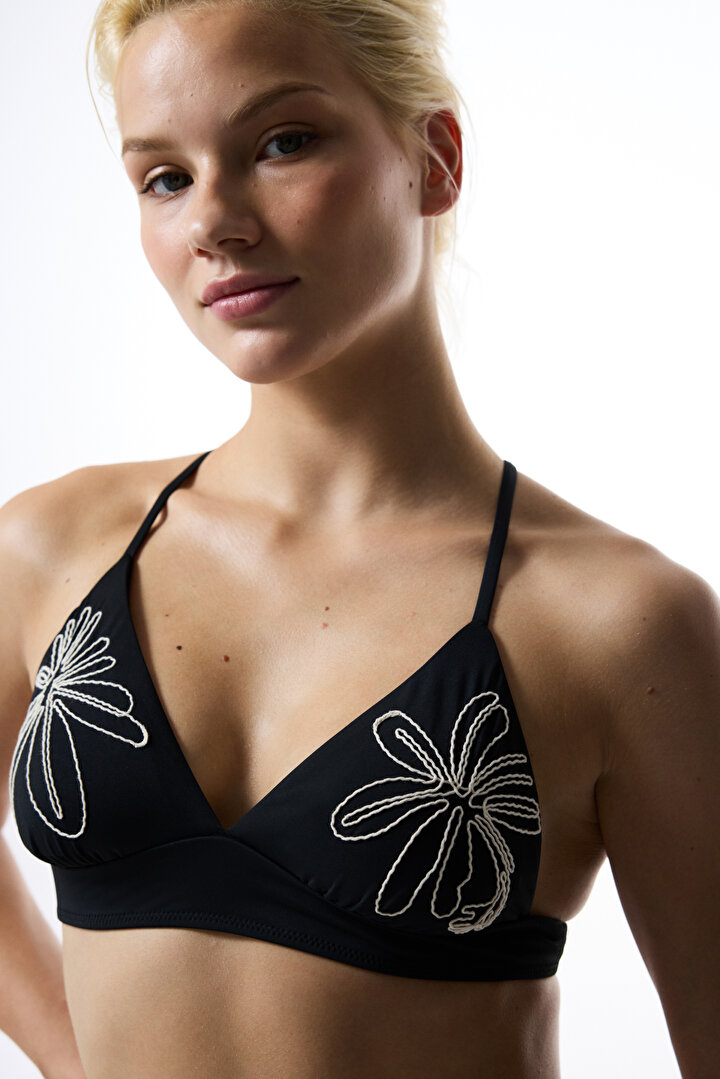 Black Embroidery Bralette Bikini Top - 2