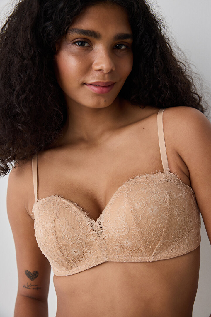 Push Up Lace Beige Strapless Bra - 1