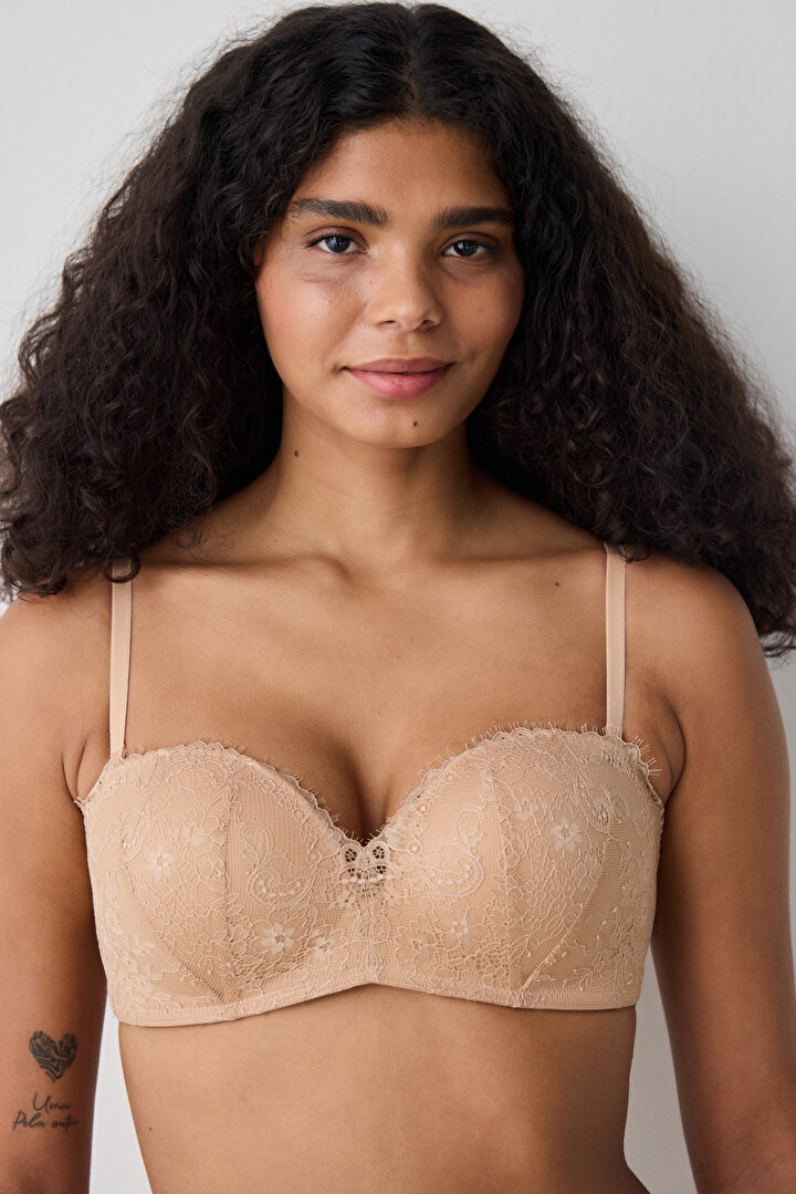 Push Up Lace Beige Strapless Bra - 2