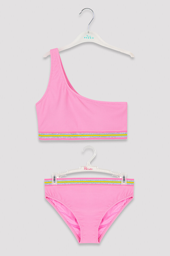 Pink Girls Sweet One Shoulder Bikini Set - 1